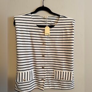 JODIFL black and White Striped Top faux pockets. Sleeveless elevated buttons